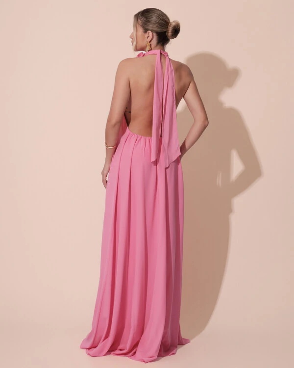 Vestido Longo Crepe Chiffon Frente Única Fluido Flor Removível Rosa