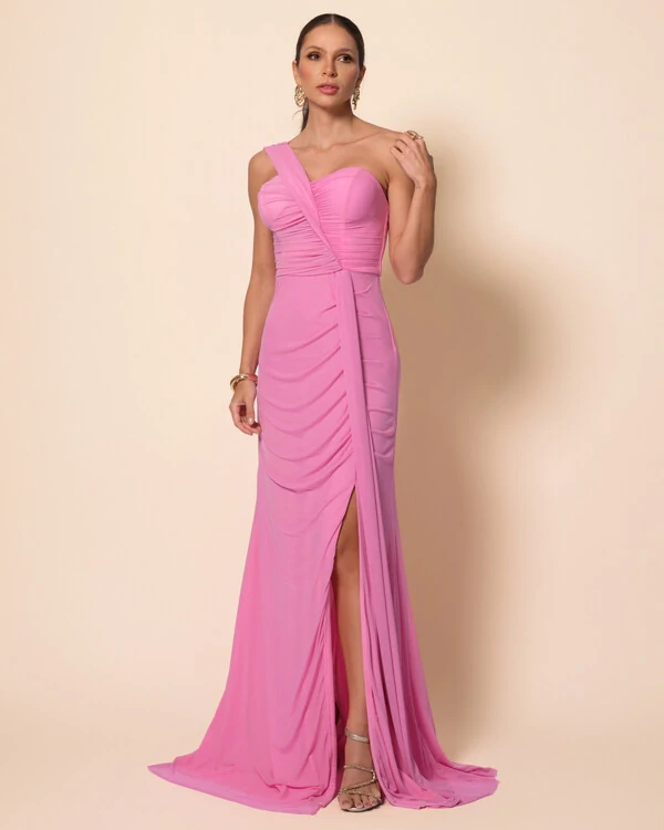 Vestido de Festa Longo Tule Tomara que Caia Faixa Detalhe Drapeado e Fenda Rosa