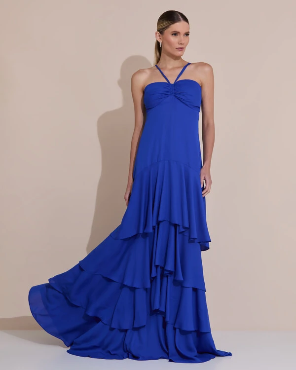 Vestido Longo Crepe com Babado em Camadas Azul Royal