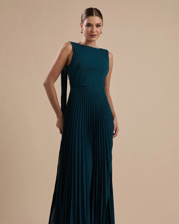 Vestido de Festa Longo Crepe Chiffon Plissado com Lenço nas Alças Verde Escuro