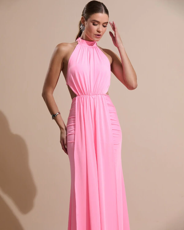 Vestido de Festa Longo Malha Jersey Gola Alta Saia Sereia Rosa New