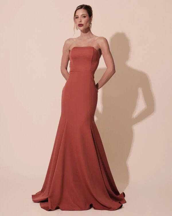 Vestido de Festa Longo Alfaiataria Tomara que Caia Saia Sereia Terracota