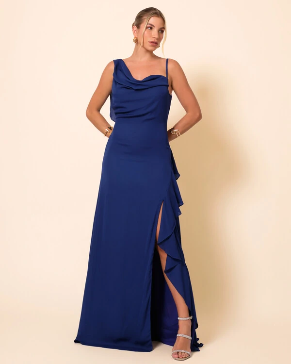 Vestido de Festa Longo Crepe Chiffon Degagê com Fenda e Babado Cascata Azul Marinho