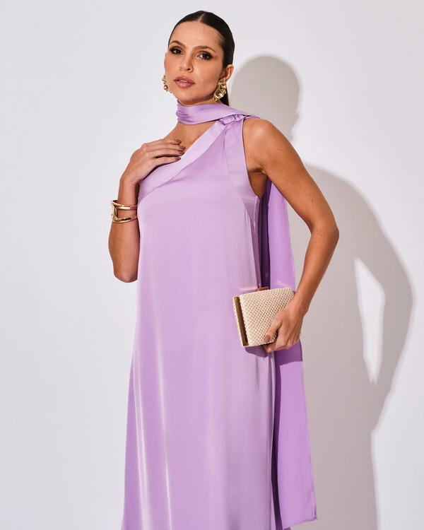 Vestido de Festa Longo Cetim Fluido Um Ombro Só Lenço Fixo Lilás
