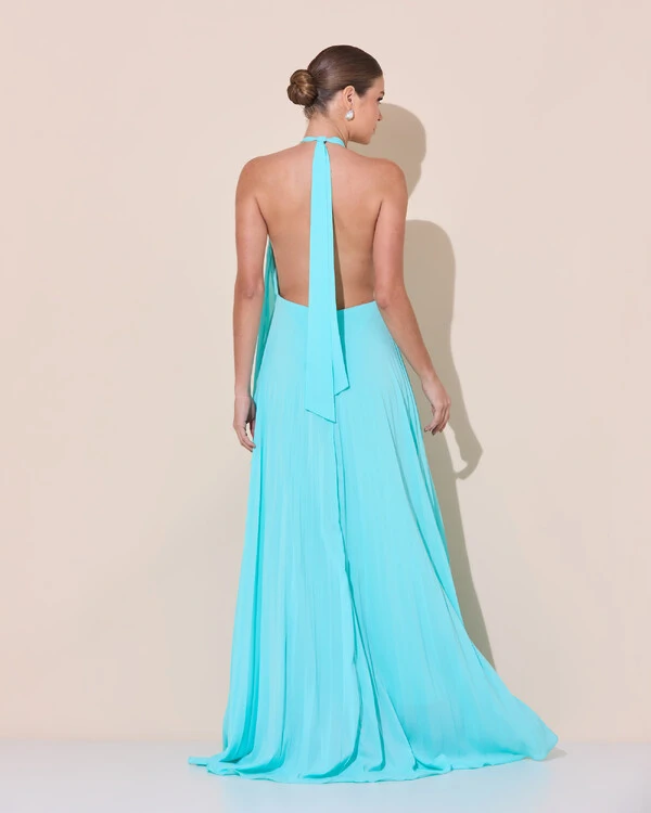 Vestidos de Festa Longo Chiffon Fluido Frente Única Plissado Duplo Tiffany