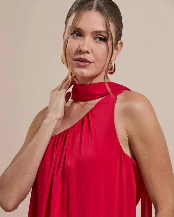 Vestido de Festa Longo Crepe Fluido um Ombro Só com Lenço Vermelho
