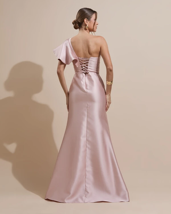Vestido de Festa Longo um Ombro Tomara que Caia Zibeline Rosa Nude