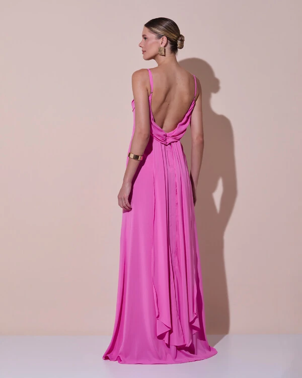 Vestido de Festa Longo Crepe Chiffon Costas Lenço Cauda Rosa New