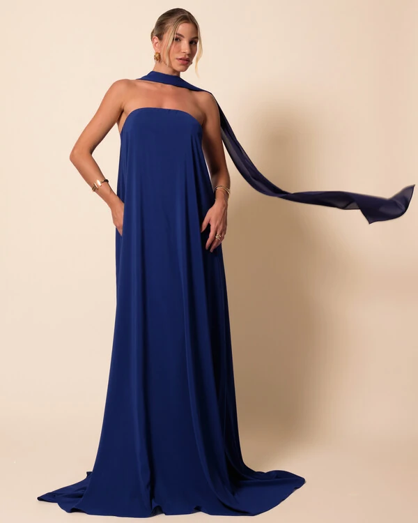 Vestido de Festa Longo Crepe Tomara que Caia com Lenço Azul Marinho