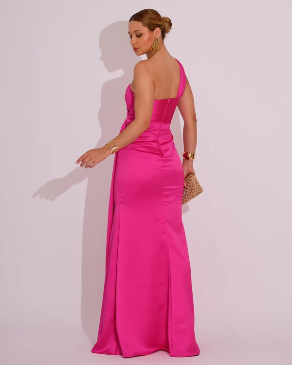 Vestido de Festa Longo Cetim Alfaiataria Tomara que Caia Faixa Pink