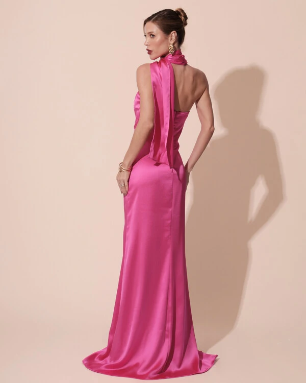 Vestido de Festa Longo Cetim Alfaiataria Tomara que Caia com Faixa Lenço Pink