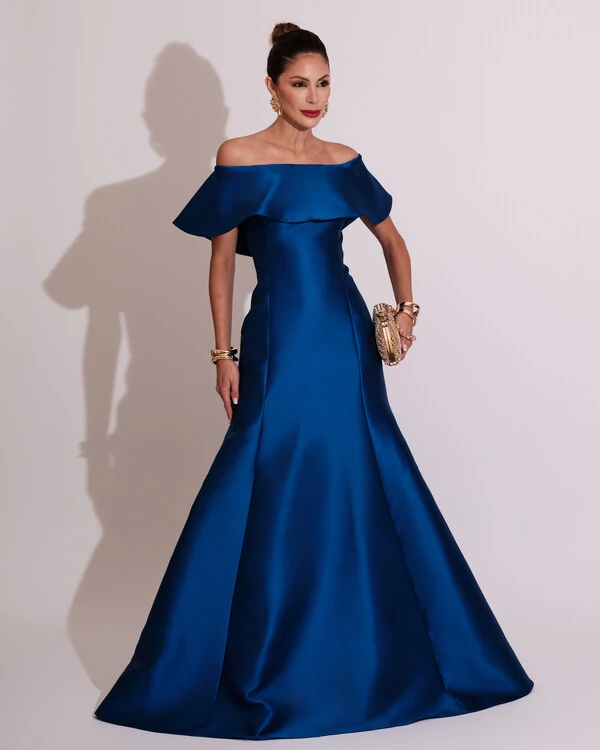 Vestido de Festa Longo Ombro a Ombro Zibeline com Babado Azul Royal