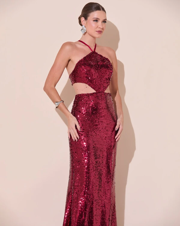 Vestido de Festa Longo Frente Única Paetê Recortes Costas Trançada Marsala