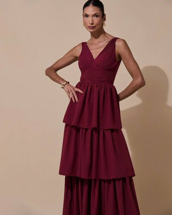 Vestido de Festa Longo Decote V Crepe Chiffon Plissado Camadas Babado Marsala New
