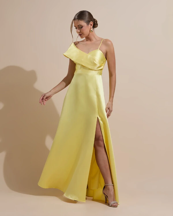 Vestido de Festa longo Faixa Ombro e Fenda Zibeline Amarelo Manteiga