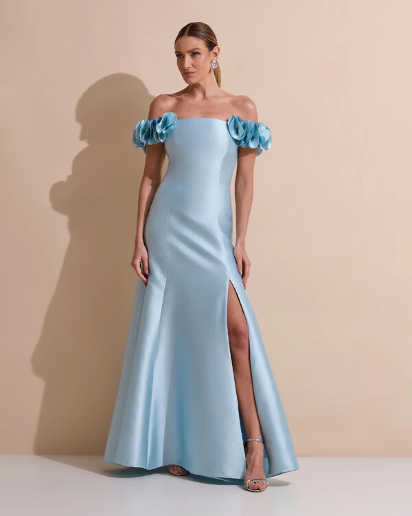 Vestido Longo de Festa Zibeline Ombro a Ombro com Flores e Fenda Tiffany