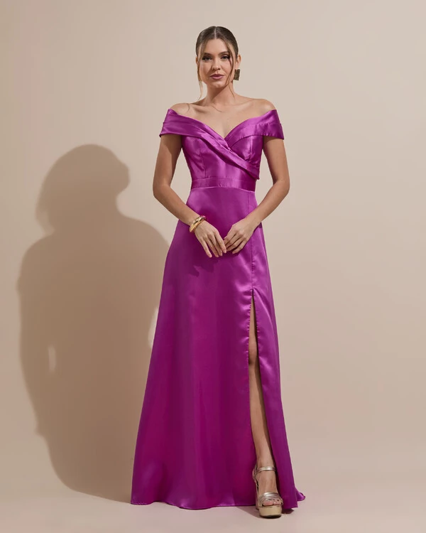 Vestido de Festa Longo Zibeline Ombro a Ombro com Fenda Fúcsia