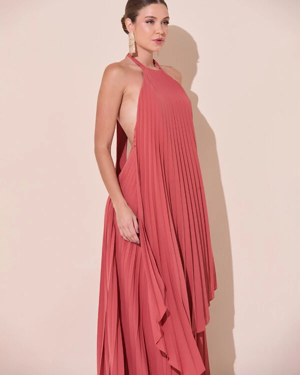 Vestidos de Festa Longo Chiffon Fluido Frente Única Plissado Duplo Terracota
