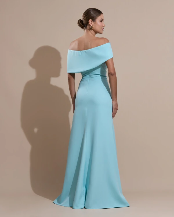 Vestido de Festa Longo Alfaiataria Ombro a Ombro com Babado Cascata Tiffany