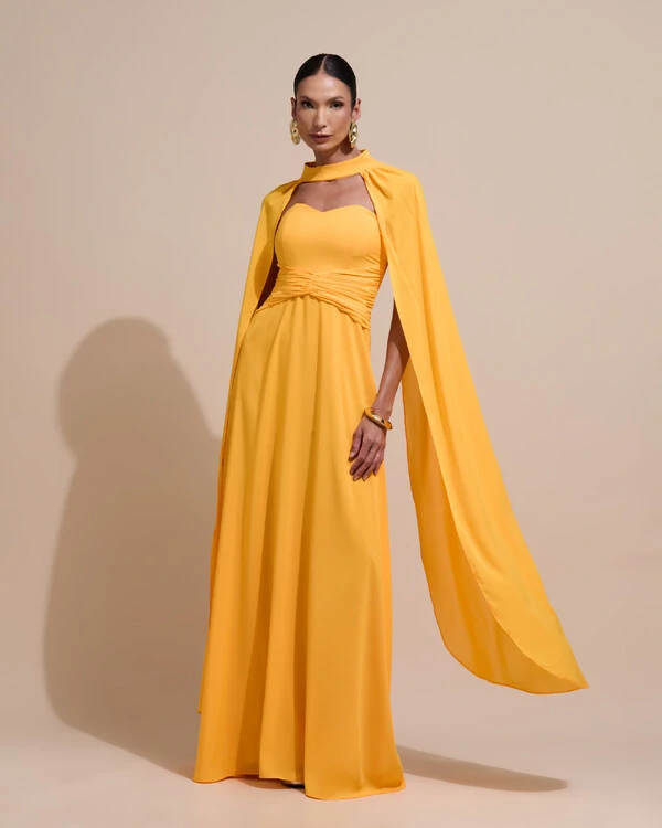 Vestido de Festa Longo Tomara Que Caia Crepe Chiffon Drapeado Capa Laranja Manga New