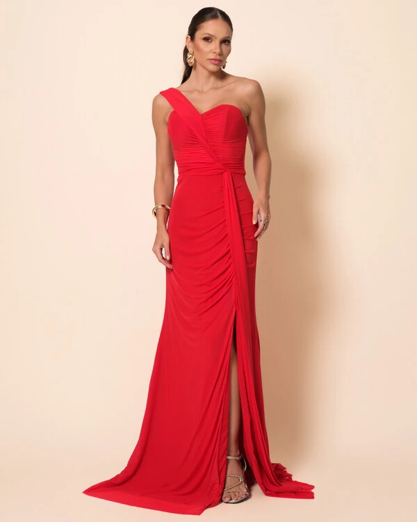 Vestido de Festa Longo Tule Tomara que Caia Faixa Detalhe Drapeado e Fenda Vermelho