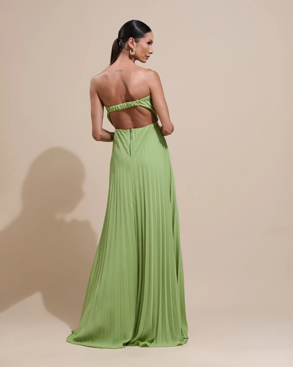 Vestido de Festa Longo Tomara que Caia Plissado Detalhe Verde Garden