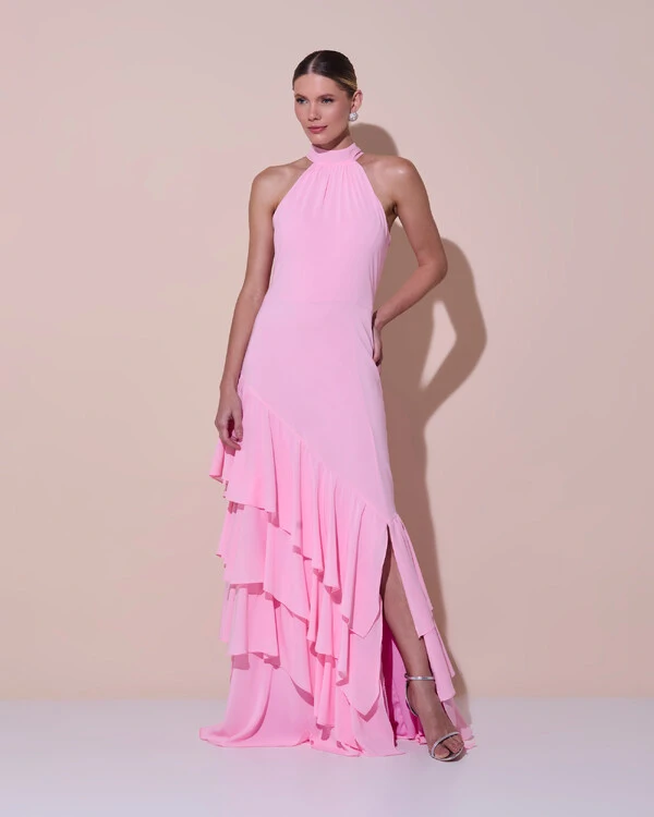 Vestido de Festa Longo Chiffon Crepe Gola Alta Babados Rosa Claro