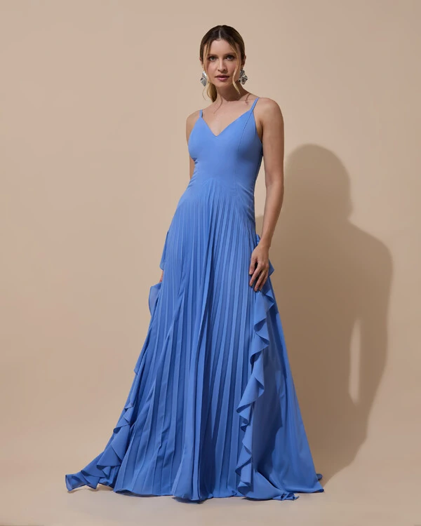 Vestido de Festa Longo Crepe Chiffon Alça Fina Saia Plissada com Babado Cascata Azul Atlantis