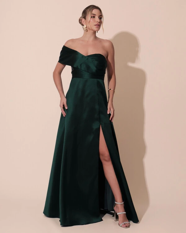 Vestido de Festa longo Faixa Ombro e Fenda Zibeline Verde Escuro