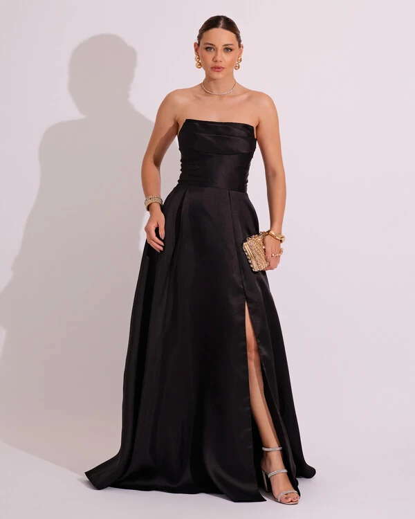 Vestido de Festa Longo Tomara que Caia Trançado Costa em Zibeline Preto