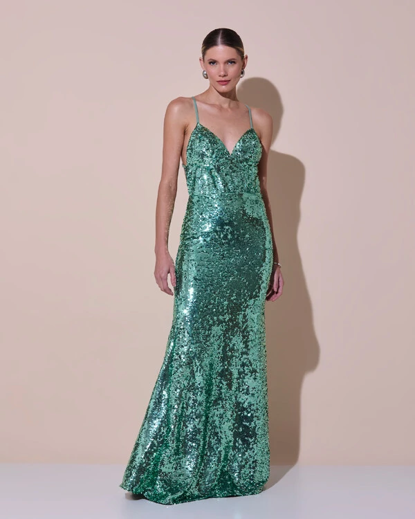 Vestido de Festa Longo Decote V Paetê Alças Finas Saia Sereia Verde Menta