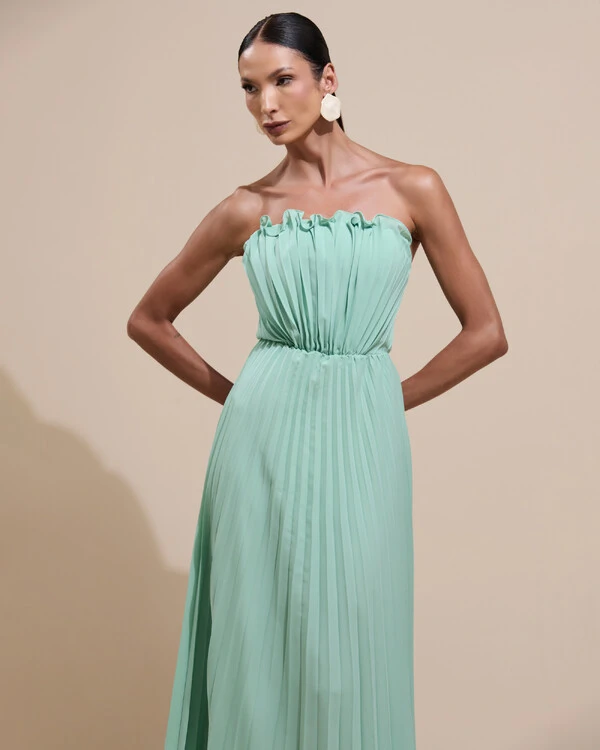 Vestido de Festa Longo Tomara que Caia Plissado Detalhe Verde Menta