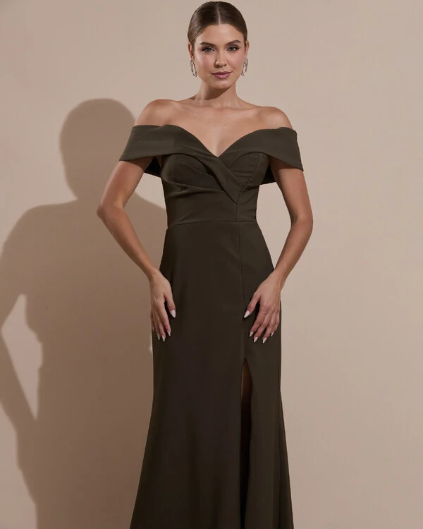 Vestido de Festa Longo Alfaiataria Ombro a Ombro com Fenda Verde Oliva