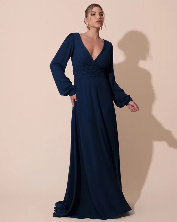 Vestido de Festa Manga Longa com Cintura Drapeada Decote V Azul Marinho