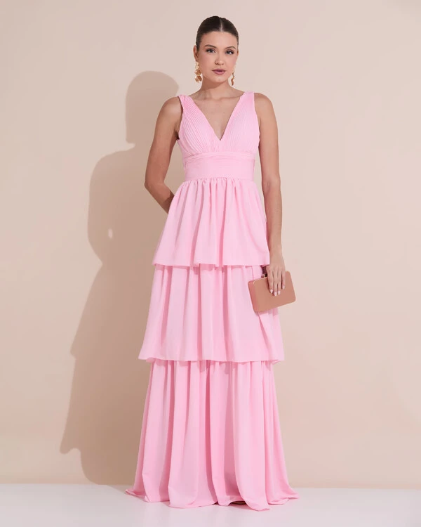Vestido de Festa Longo Decote V Crepe Chiffon Plissado Camadas Babado Rosa Claro