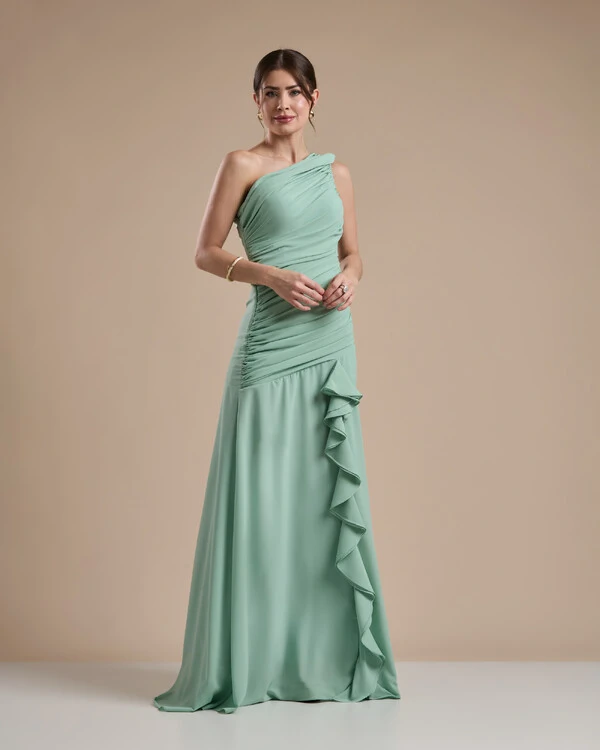 Vestido de Festa Longo Crepe Chiffon Um Ombro Só Drapeado com Babado Verde Menta