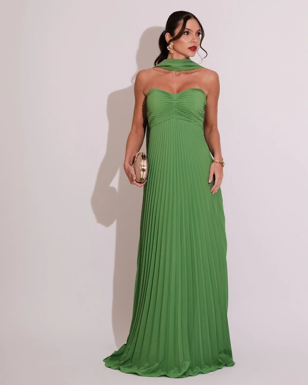 Vestido de Festa Longo Tomara que Caia Plissado com Lenço Verde Kiwi
