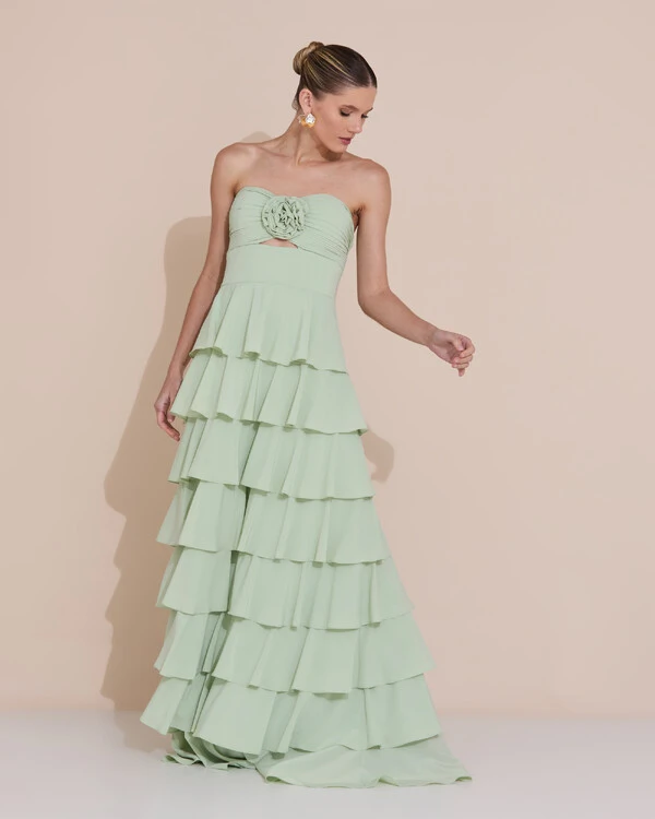 Vestido de Festa Longo Crepe Chiffon Tomara que Caia Plissado Flor Camadas Verde Menta New