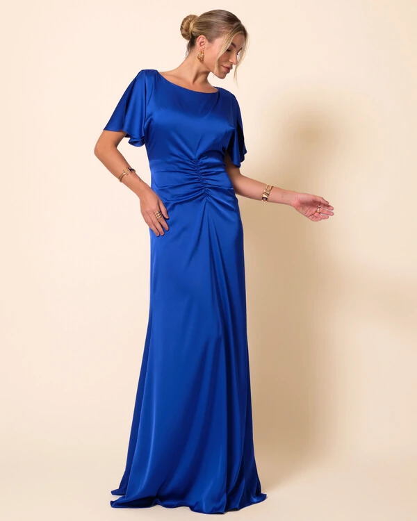 Vestido de Festa Longo Cetim Fluido Manga Curta Drapeado Azul Royal