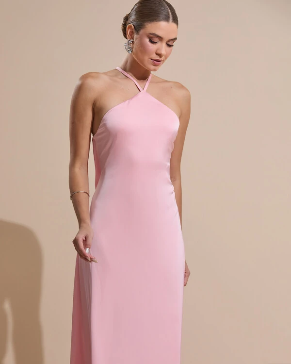 Vestido Longo de Cetim com Decote Triangular e Amarração nas Costas Degagê Rose Gold