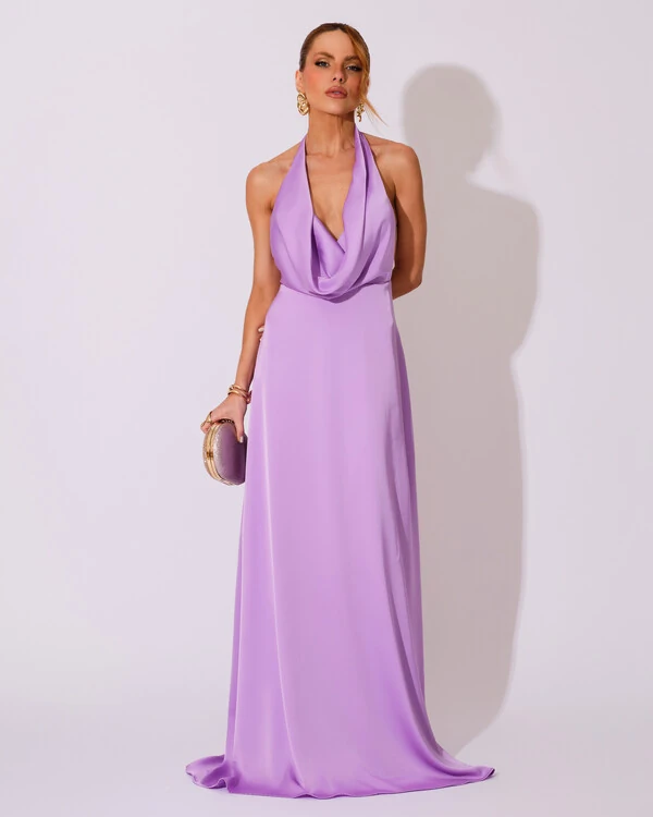 Vestido de Festa Longo Frente Única Degagê Cetim Fluido Lilás