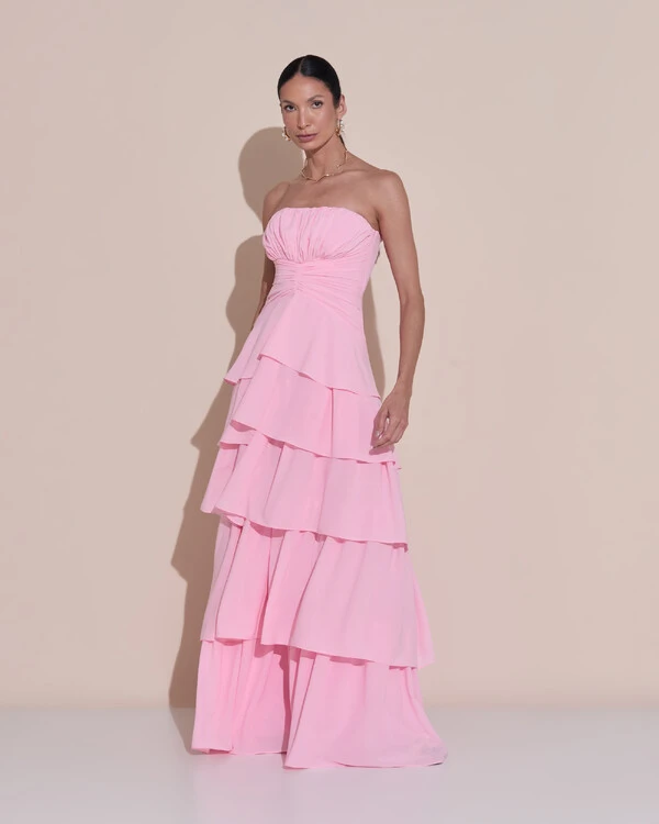 Vestido de Festa Longo Tomara que Caia Drapeado Crepe Chiffon Babados Camadas Rosa Claro