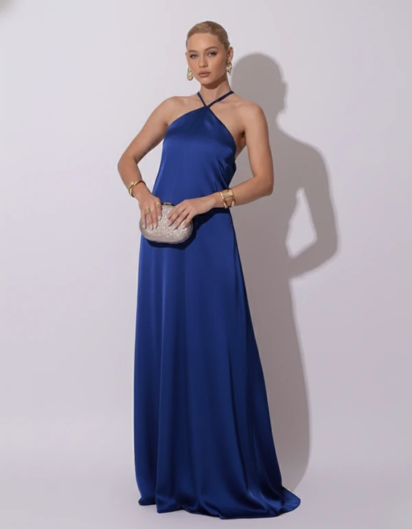 Vestido Longo de Cetim com Decote Triangular e Amarração nas Costas Degagê Azul Marinho