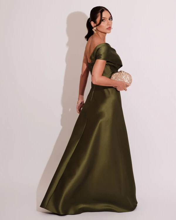 Vestido de Festa longo Faixa Ombro e Fenda Zibeline Verde Oliva