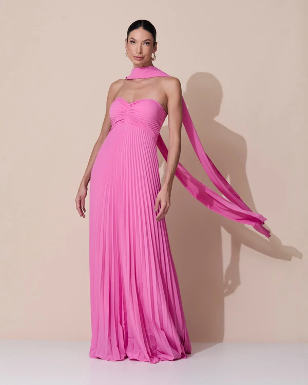 Vestido de Festa Longo Tomara que Caia Plissado com Lenço Rosa New