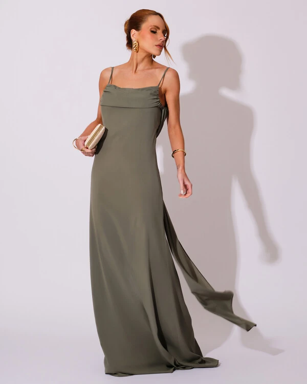 Vestido de Festa Longo Crepe Chiffon Costas Lenço Cauda Verde Oliva