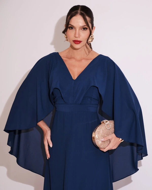 Vestido de Festa Longo com Capa Crepe Azul Marinho