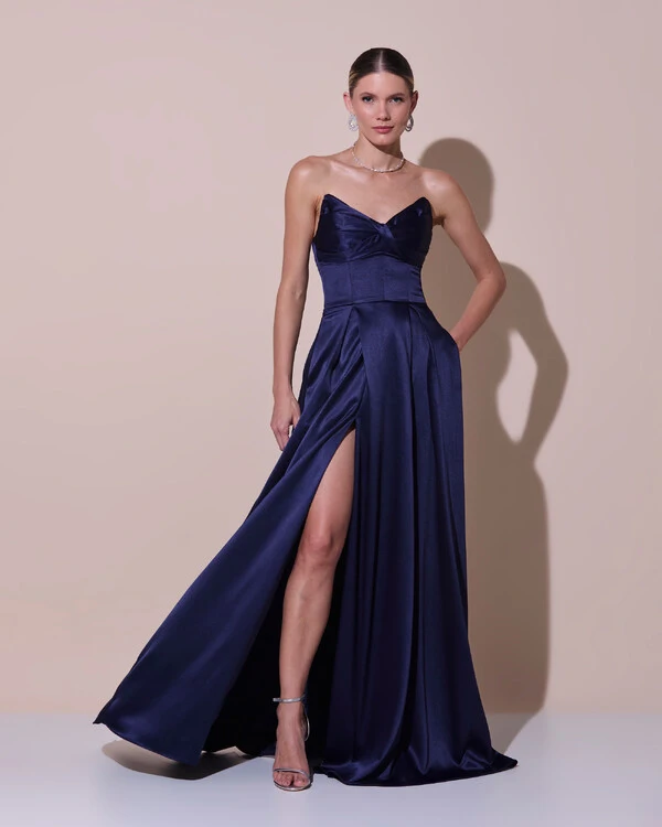 Vestido de Festa Longo Tomara que Caia Cetim Decote Coração Fenda Azul Marinho Escuro
