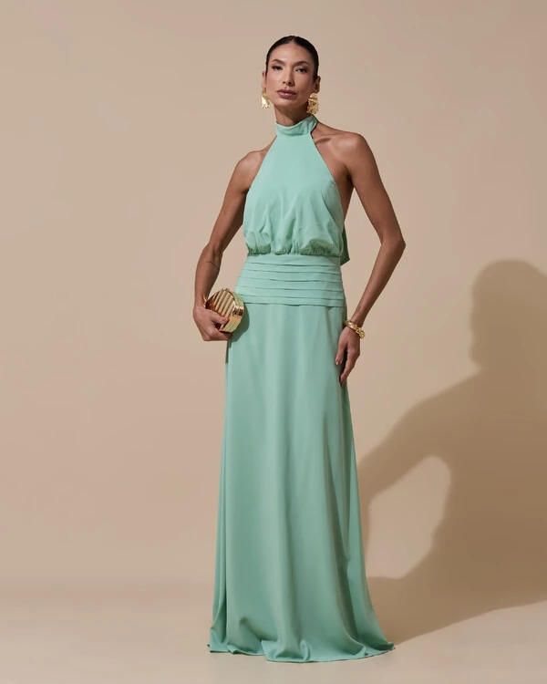 Vestido de Festa Longo Frente Única Busto Blousê Crepe Chiffon Drapeado Verde Menta
