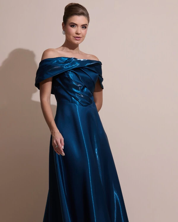 Vestido de Festa Longo Cetim Cristal Ombro a Ombro Drapeado Azul Petróleo